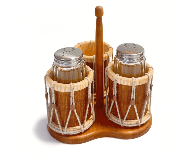 Trommel - Menage für Salz & Pfeffer, mit dunkler Zarge und hellen Reifen