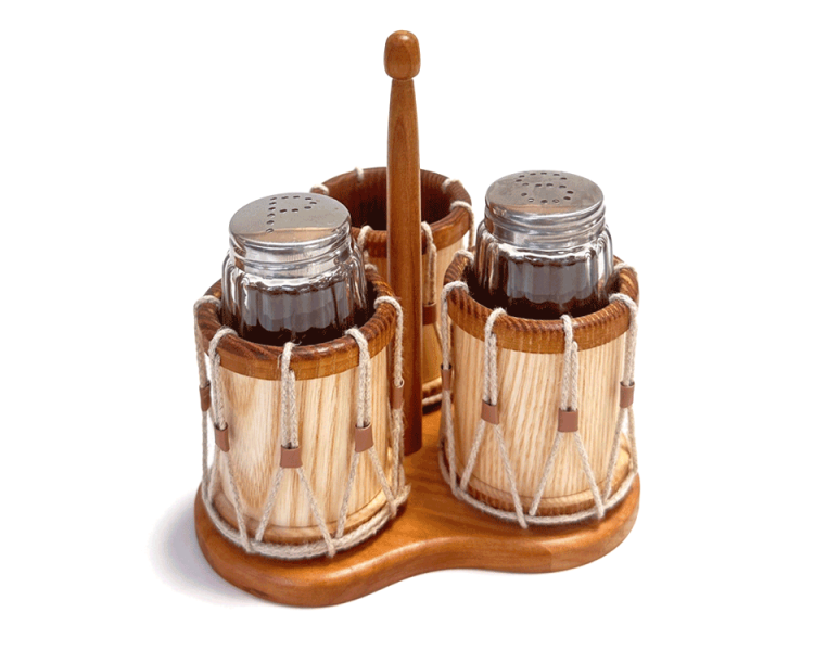 Trommel - Menage für Salz & Pfeffer, mit heller Zarge und dunklen Reifen